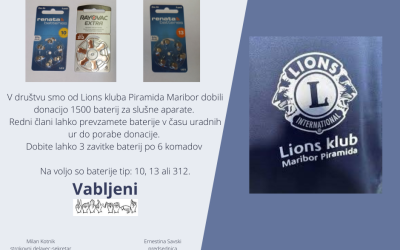 Donacija baterij za slušne aparate od Lions kluba Piramida Maribor